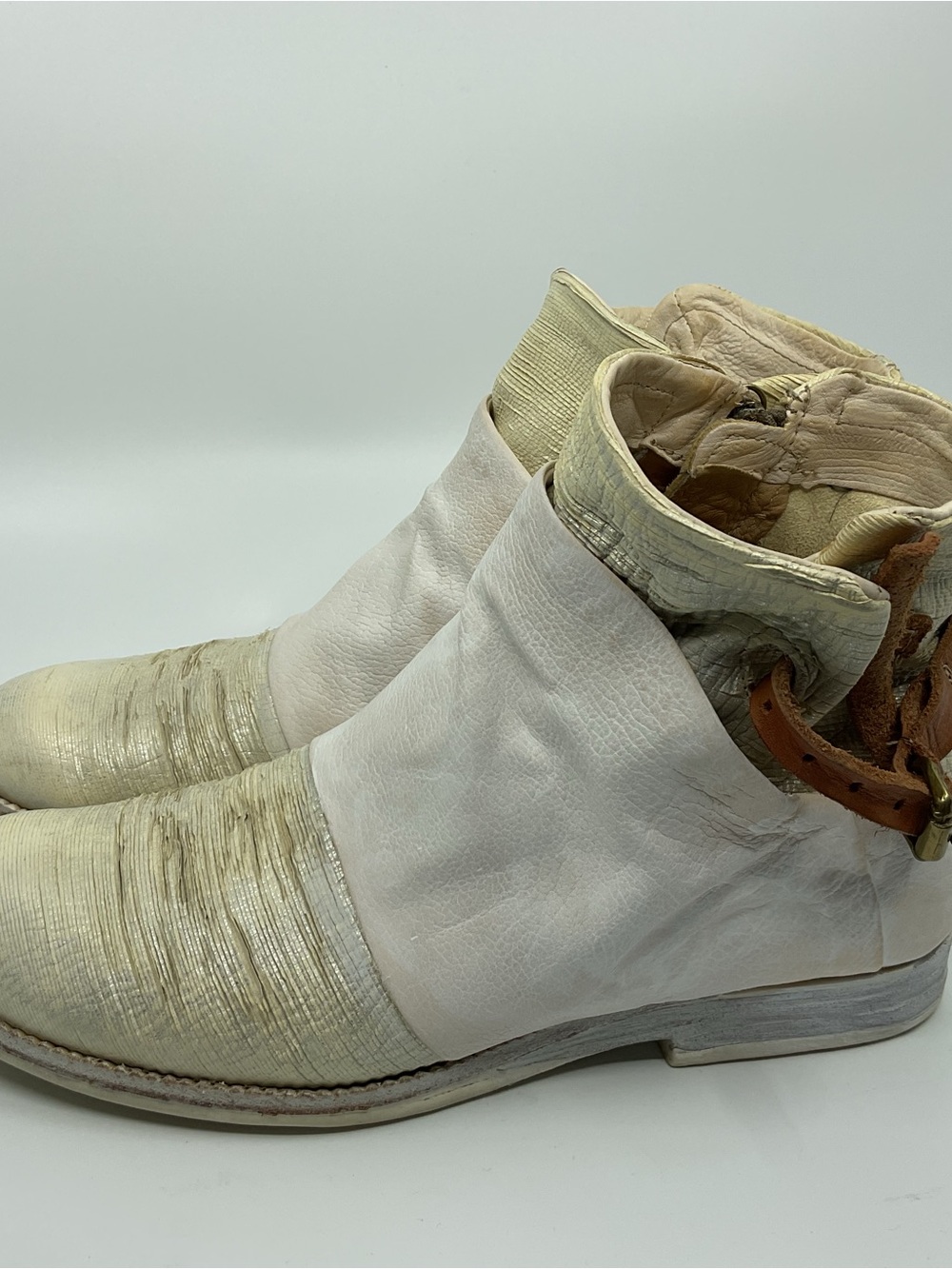 A.S.98 Cream and Tan Leather Ankle Boots with Buckle Strap